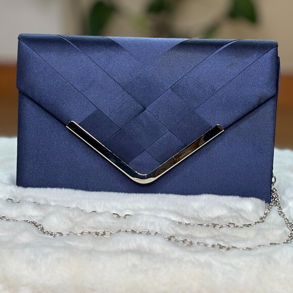 La Regale Crisscross Navy Blue Satin Structured Envelope (Clutch/ Shoulder Bag/ - Picture 2 of 16